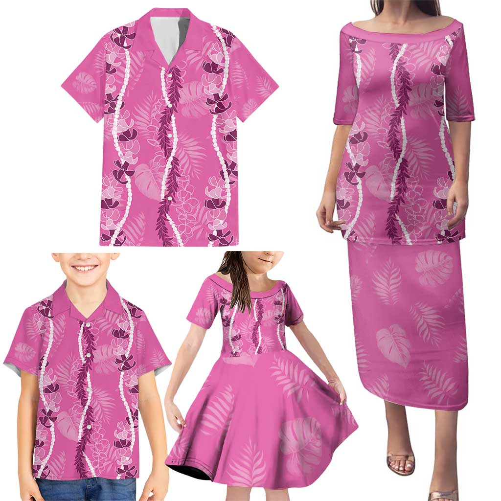 Hawaii Maile Lei Family Matching Puletasi and Hawaiian Shirt With Pink Monstera Pattern