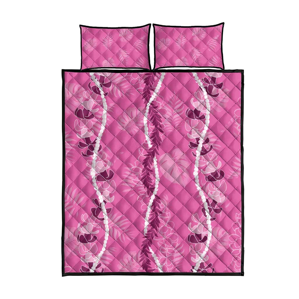 Hawaii Maile Lei Quilt Bed Set With Pink Monstera Pattern