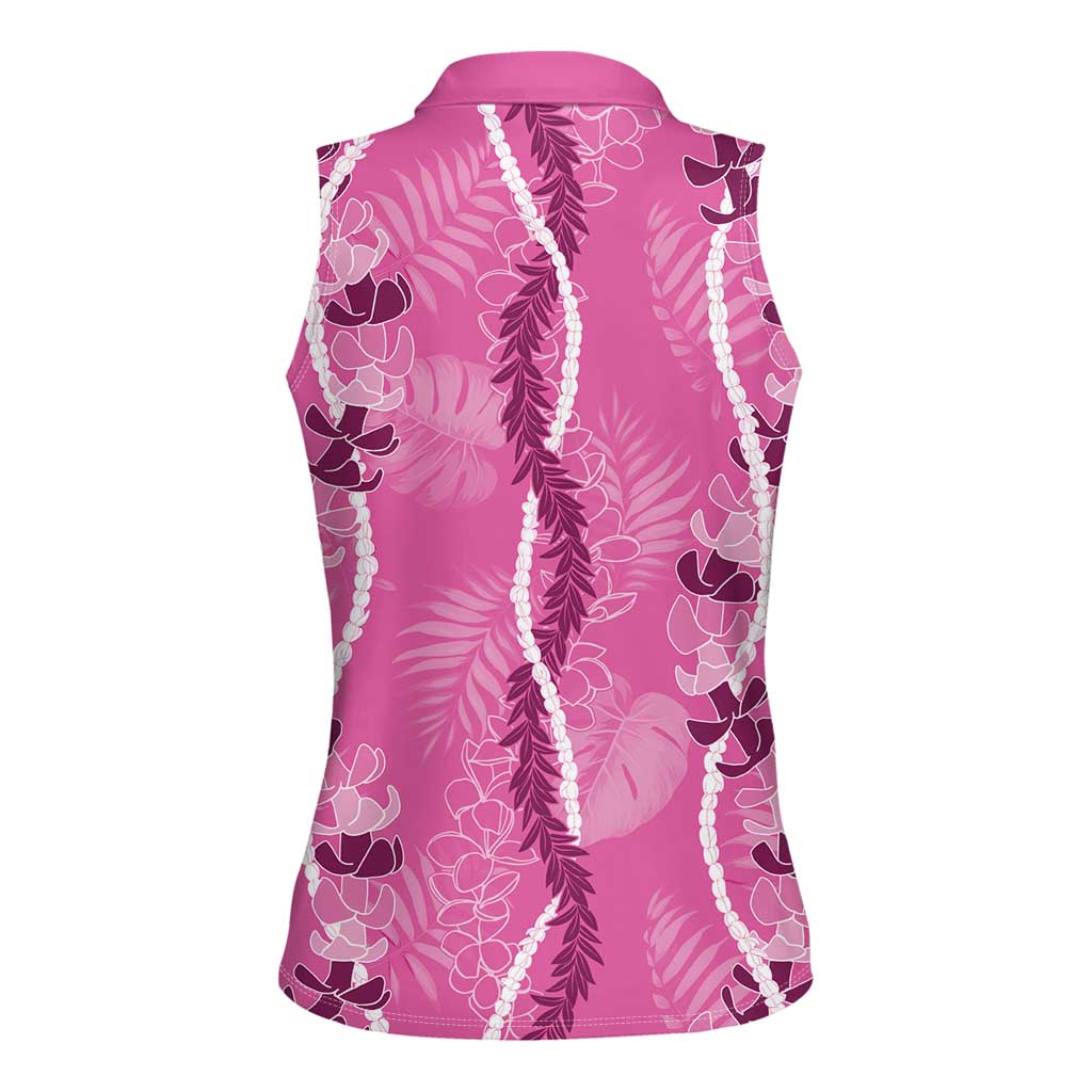 Hawaii Maile Lei Women Sleeveless Polo Shirt With Pink Monstera Pattern
