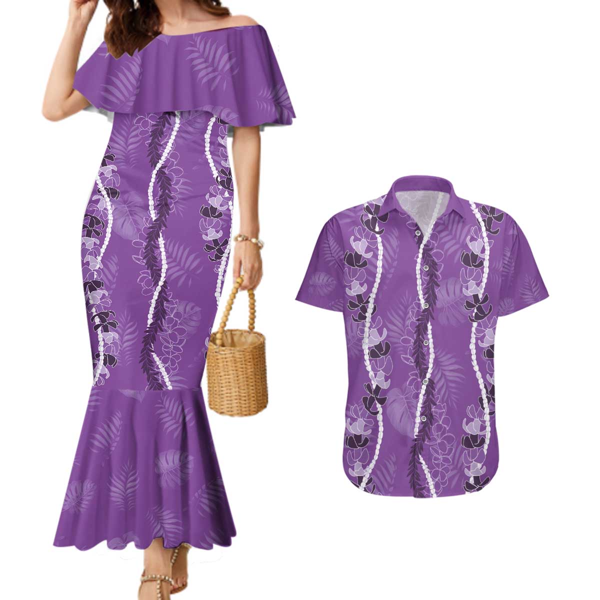 Hawaii Maile Lei Couples Matching Mermaid Dress and Hawaiian Shirt With Violet Monstera Pattern