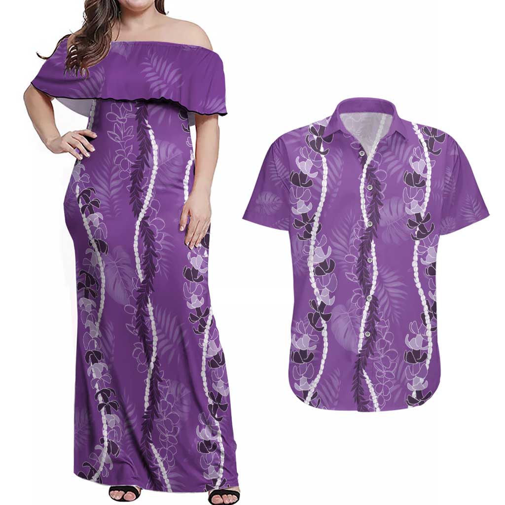 Hawaii Maile Lei Couples Matching Off Shoulder Maxi Dress and Hawaiian Shirt With Violet Monstera Pattern