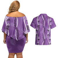Hawaii Maile Lei Couples Matching Off Shoulder Short Dress and Hawaiian Shirt With Violet Monstera Pattern
