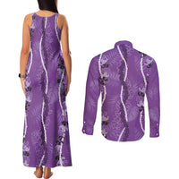 Hawaii Maile Lei Couples Matching Tank Maxi Dress and Long Sleeve Button Shirt With Violet Monstera Pattern