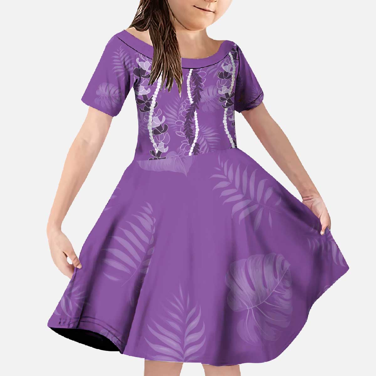 Hawaii Maile Lei Family Matching Off The Shoulder Long Sleeve Dress and Hawaiian Shirt With Violet Monstera Pattern