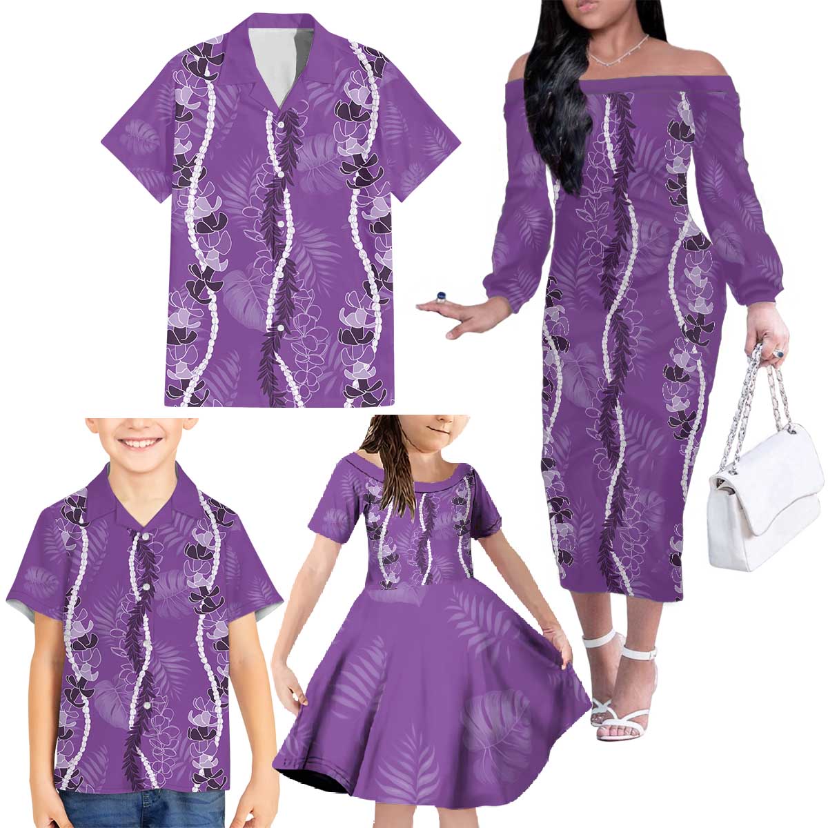 Hawaii Maile Lei Family Matching Off The Shoulder Long Sleeve Dress and Hawaiian Shirt With Violet Monstera Pattern