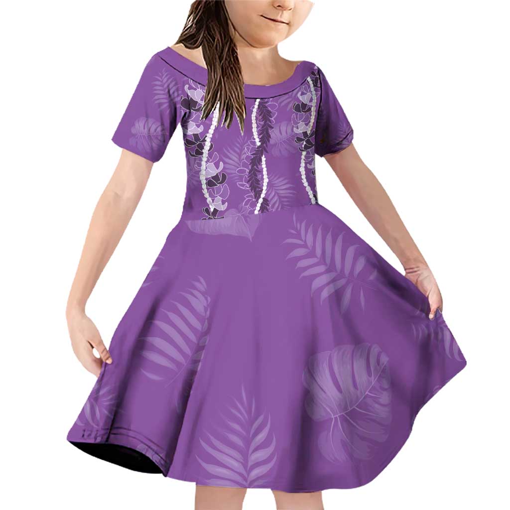 Hawaii Maile Lei Family Matching Off Shoulder Short Dress and Hawaiian Shirt With Violet Monstera Pattern
