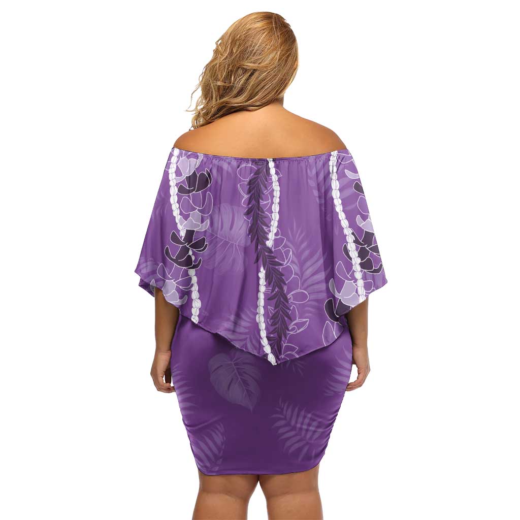 Hawaii Maile Lei Family Matching Off Shoulder Short Dress and Hawaiian Shirt With Violet Monstera Pattern