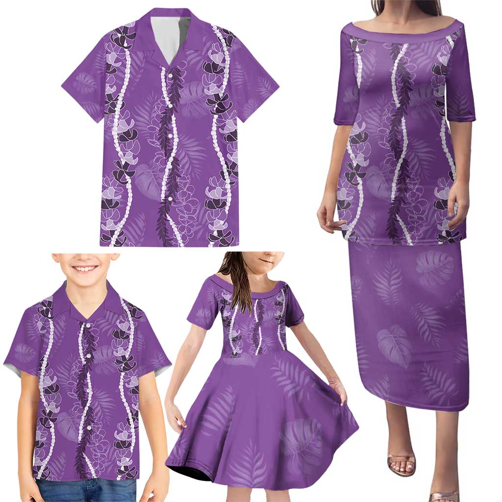 Hawaii Maile Lei Family Matching Puletasi and Hawaiian Shirt With Violet Monstera Pattern