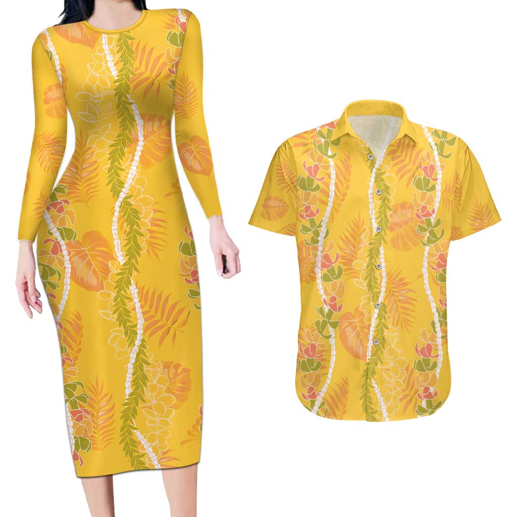 Hawaii Maile Lei Couples Matching Long Sleeve Bodycon Dress and Hawaiian Shirt With Yellow Monstera Pattern