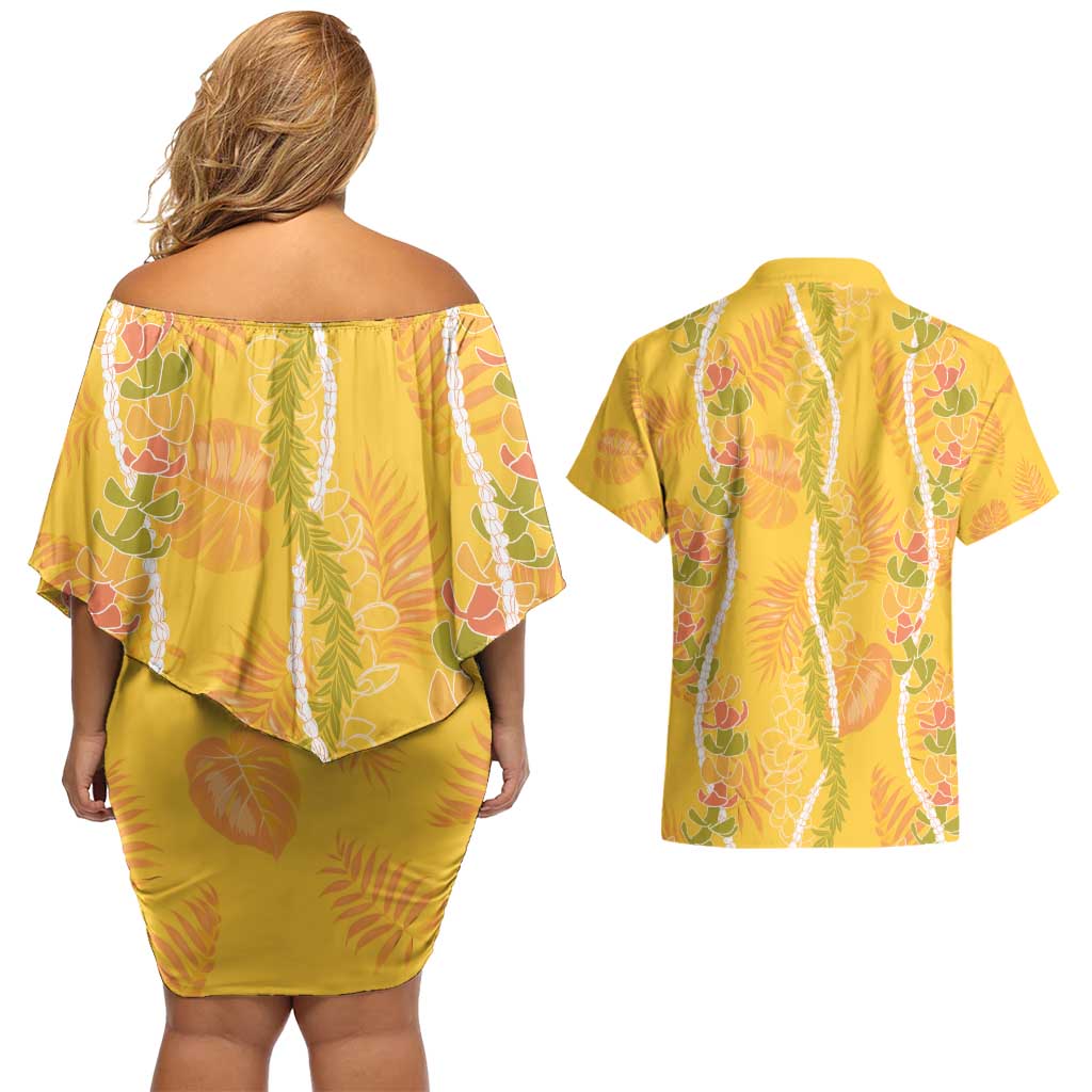 Hawaii Maile Lei Couples Matching Off Shoulder Short Dress and Hawaiian Shirt With Yellow Monstera Pattern
