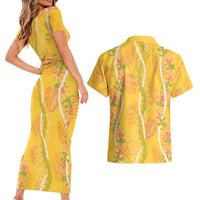 Hawaii Maile Lei Couples Matching Short Sleeve Bodycon Dress and Hawaiian Shirt With Yellow Monstera Pattern