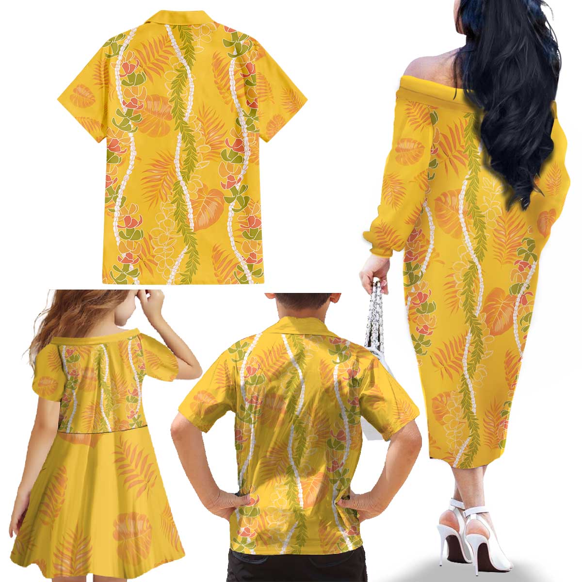 Hawaii Maile Lei Family Matching Off The Shoulder Long Sleeve Dress and Hawaiian Shirt With Yellow Monstera Pattern