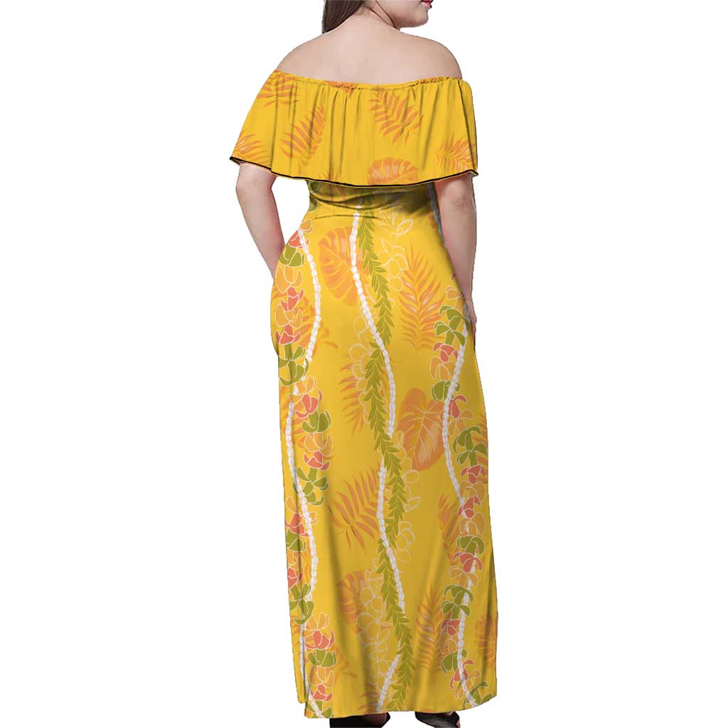 Hawaii Maile Lei Family Matching Off Shoulder Maxi Dress and Hawaiian Shirt With Yellow Monstera Pattern