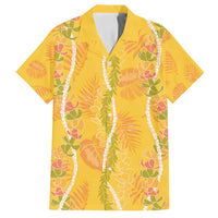 Hawaii Maile Lei Family Matching Off Shoulder Short Dress and Hawaiian Shirt With Yellow Monstera Pattern