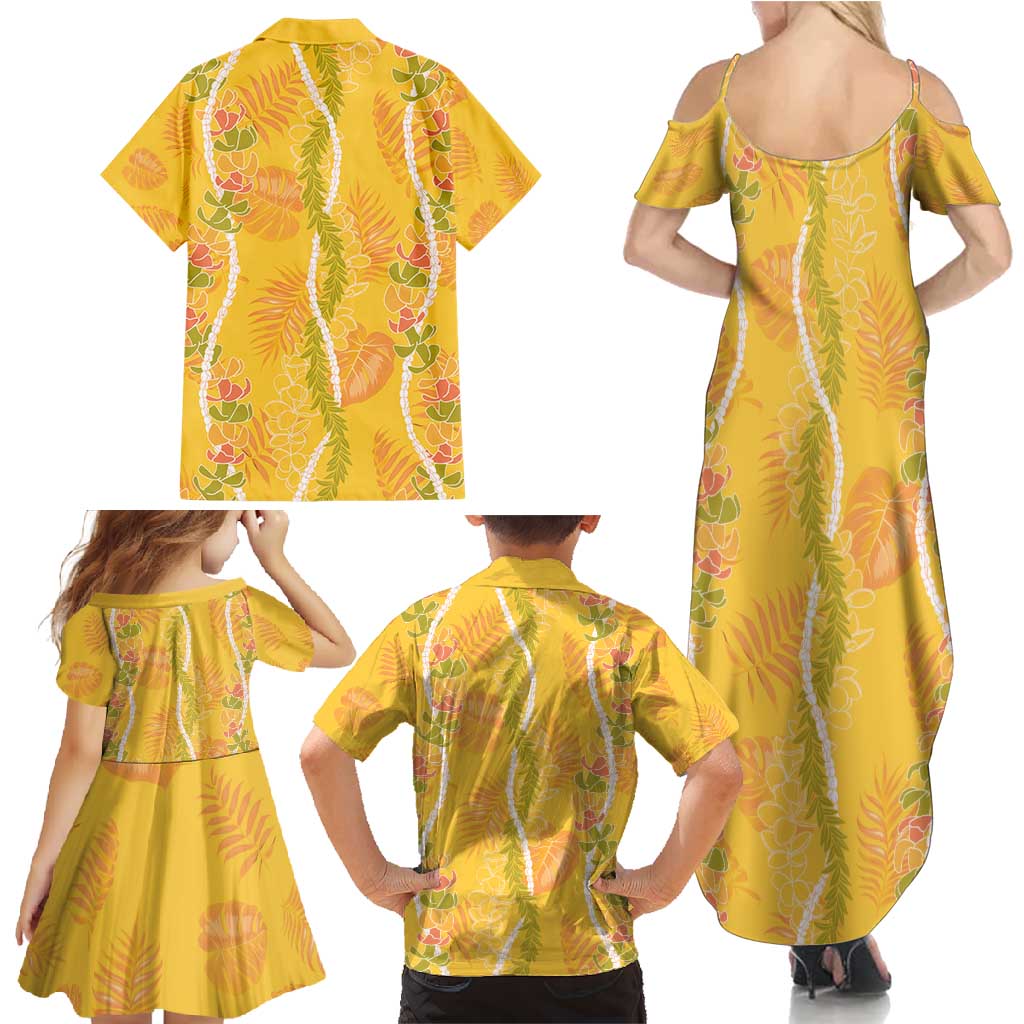 Hawaii Maile Lei Family Matching Summer Maxi Dress and Hawaiian Shirt With Yellow Monstera Pattern