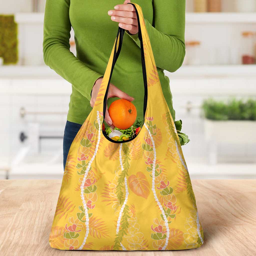 Hawaii Maile Lei Grocery Bag With Yellow Monstera Pattern