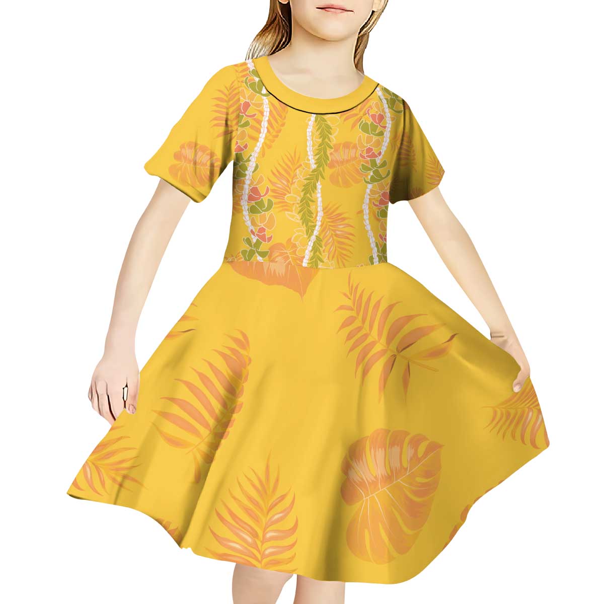 Hawaii Maile Lei Kid Short Sleeve Dress With Yellow Monstera Pattern