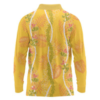 Hawaii Maile Lei Long Sleeve Polo Shirt With Yellow Monstera Pattern