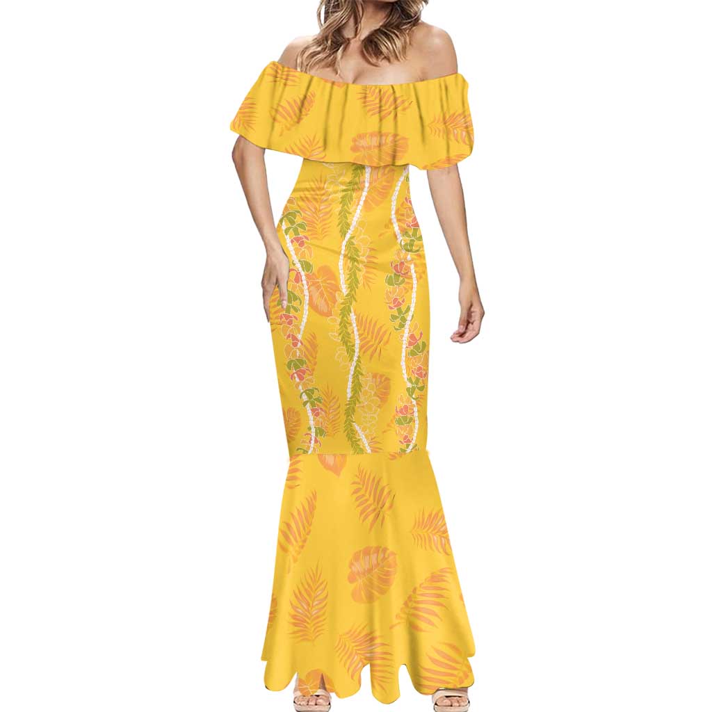 Hawaii Maile Lei Mermaid Dress With Yellow Monstera Pattern