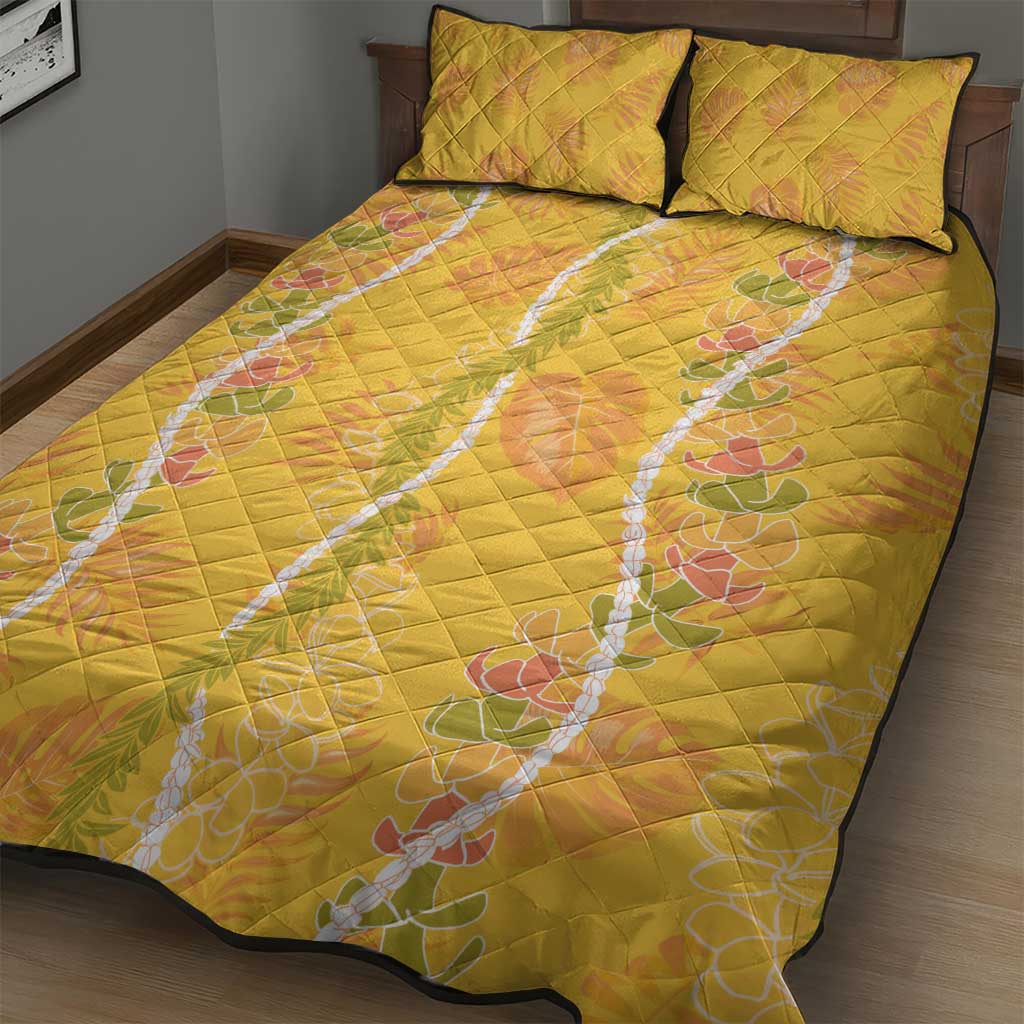 Hawaii Maile Lei Quilt Bed Set With Yellow Monstera Pattern
