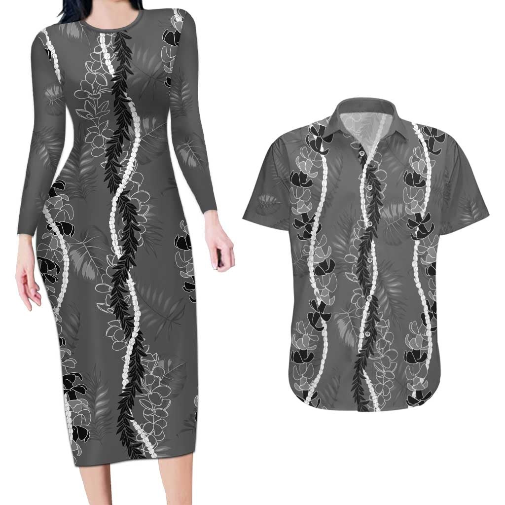 Hawaii Maile Lei Couples Matching Long Sleeve Bodycon Dress and Hawaiian Shirt With Gray Monstera Pattern