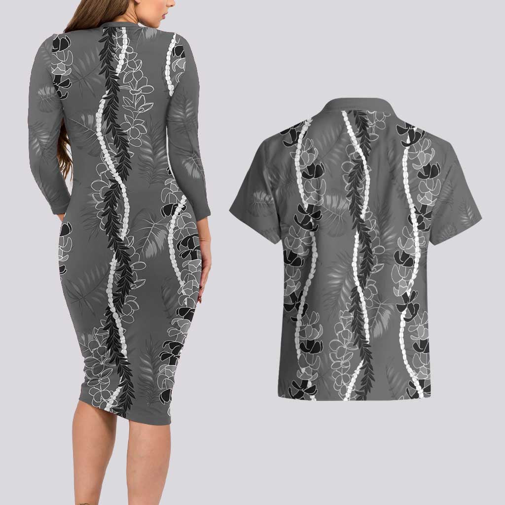 Hawaii Maile Lei Couples Matching Long Sleeve Bodycon Dress and Hawaiian Shirt With Gray Monstera Pattern