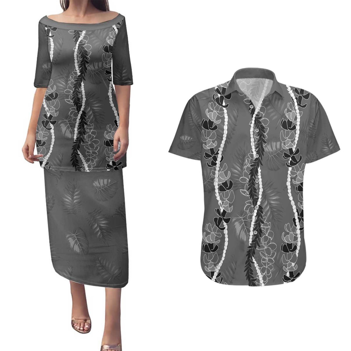 Hawaii Maile Lei Couples Matching Puletasi and Hawaiian Shirt With Gray Monstera Pattern