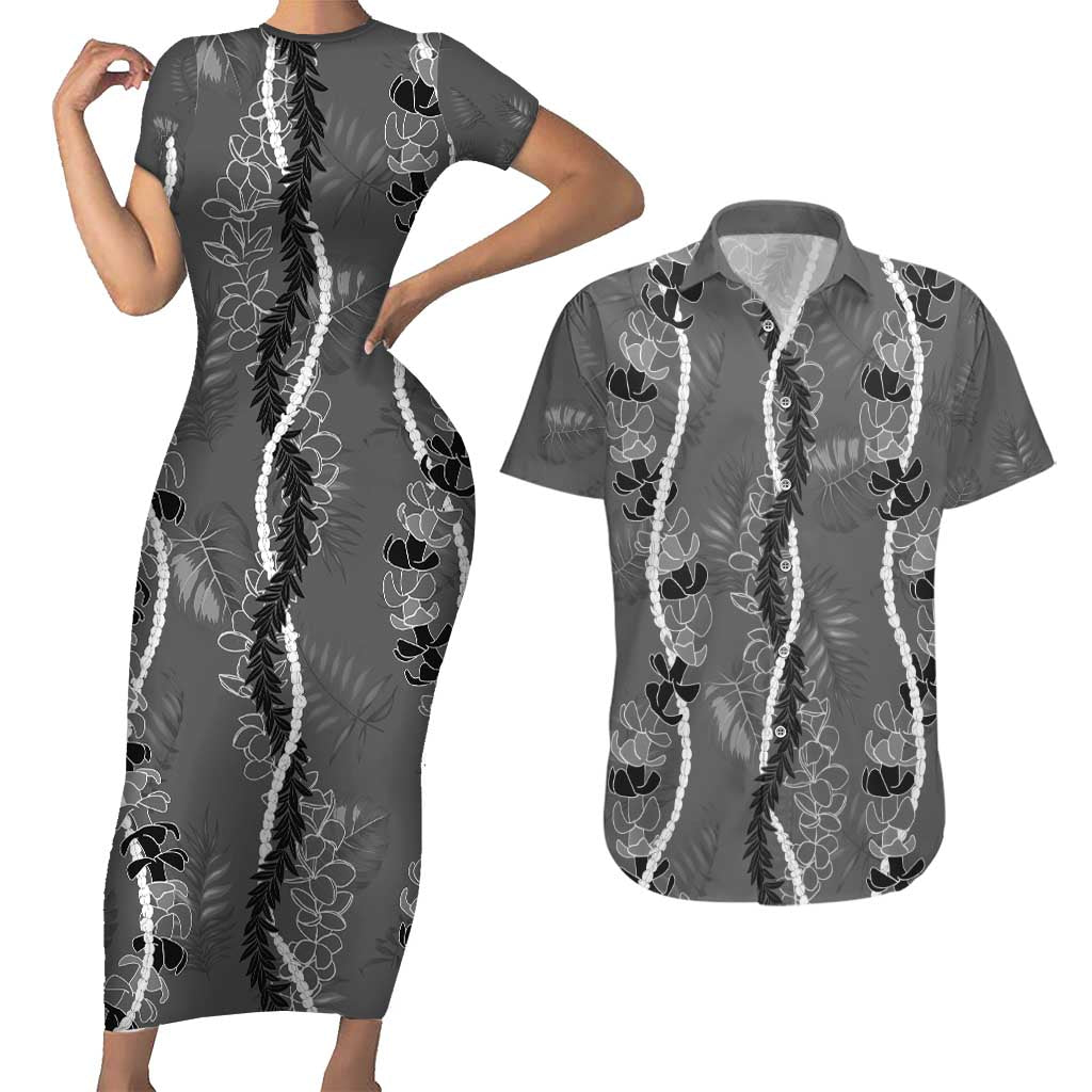 Hawaii Maile Lei Couples Matching Short Sleeve Bodycon Dress and Hawaiian Shirt With Gray Monstera Pattern