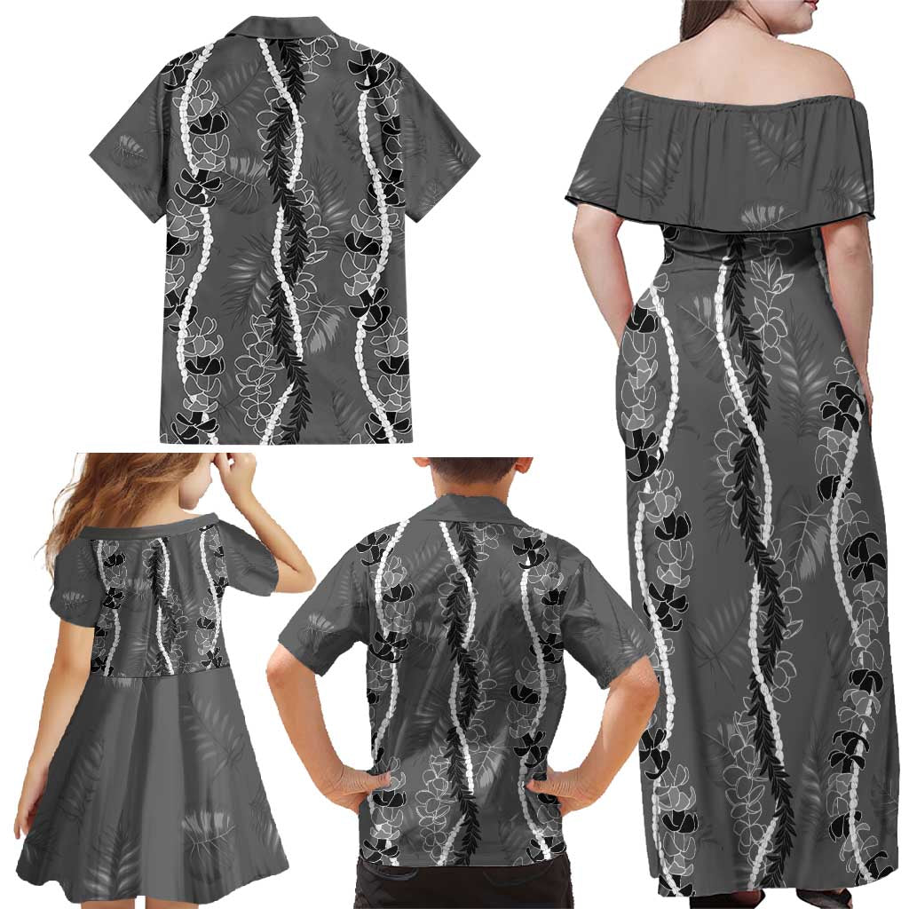 Hawaii Maile Lei Family Matching Off Shoulder Maxi Dress and Hawaiian Shirt With Gray Monstera Pattern