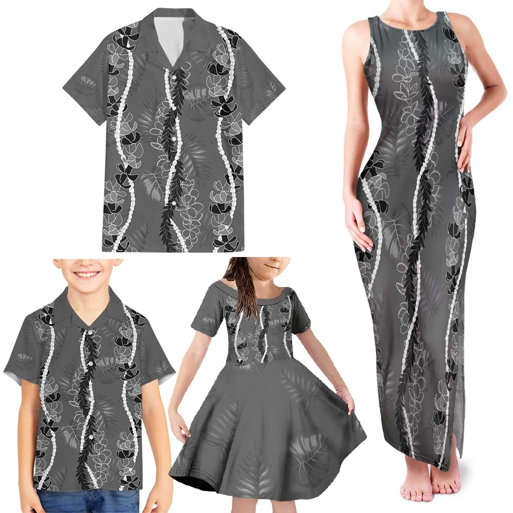 Hawaii Maile Lei Family Matching Tank Maxi Dress and Hawaiian Shirt With Gray Monstera Pattern