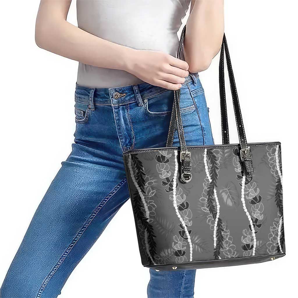 Hawaii Maile Lei Leather Tote Bag With Gray Monstera Pattern