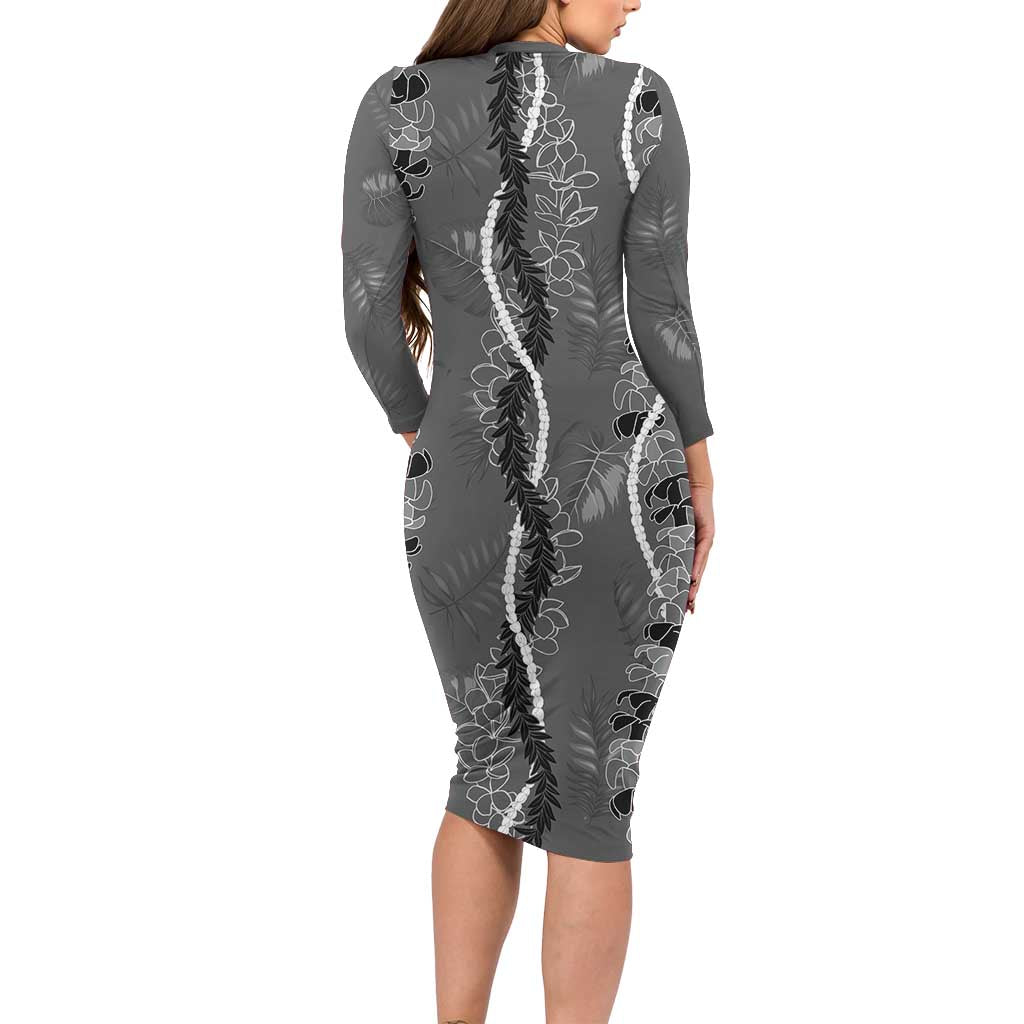 Hawaii Maile Lei Long Sleeve Bodycon Dress With Gray Monstera Pattern