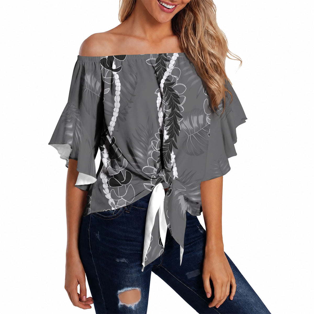 Hawaii Maile Lei Off Shoulder Wrap Waist Top With Gray Monstera Pattern LT05 - Polynesian Pride