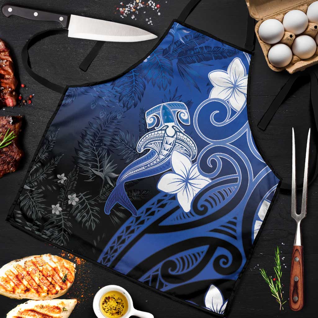 Polynesia Hammerhead Shark Apron Blue Tribal Pattern With Plumeria - Polynesian Pride