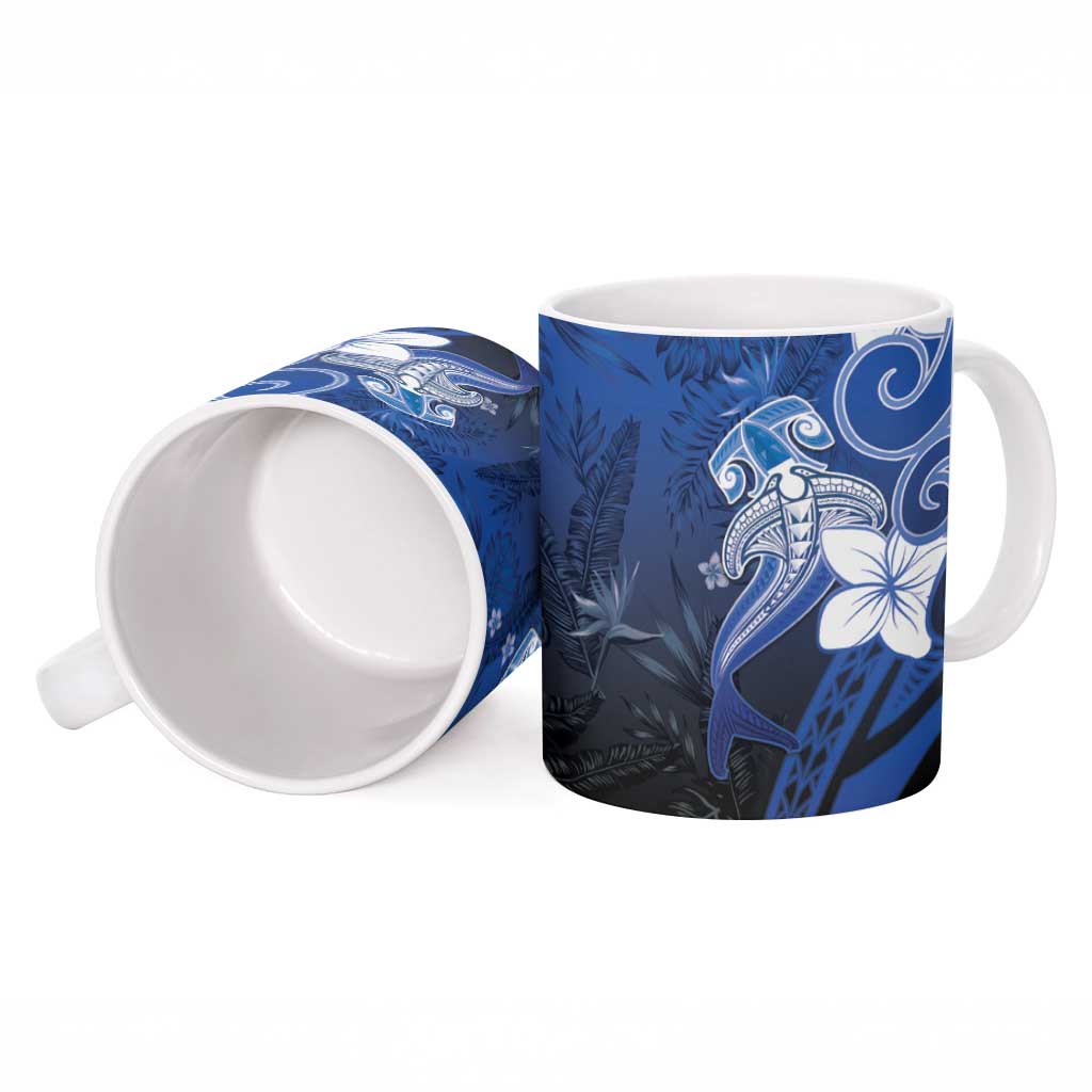 Polynesia Hammerhead Shark Ceramic Mug Blue Tribal Pattern With Plumeria - Polynesian Pride