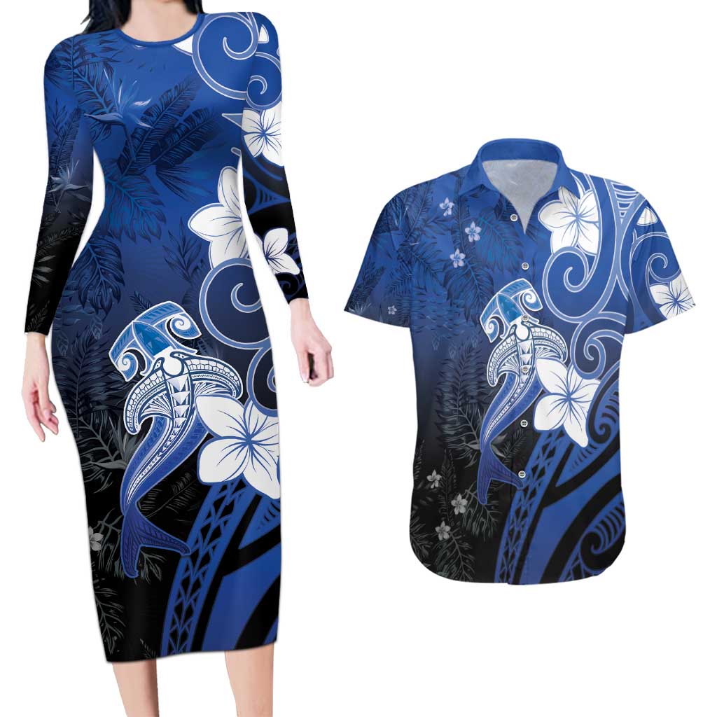 Polynesia Hammerhead Shark Couples Matching Long Sleeve Bodycon Dress and Hawaiian Shirt Blue Tribal Pattern With Plumeria - Polynesian Pride