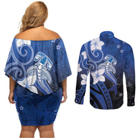 Polynesia Hammerhead Shark Couples Matching Off Shoulder Short Dress and Long Sleeve Button Shirt Blue Tribal Pattern With Plumeria LT05 - Polynesian Pride
