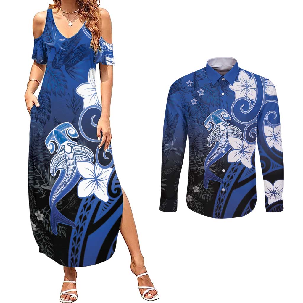 Polynesia Hammerhead Shark Couples Matching Summer Maxi Dress and Long Sleeve Button Shirt Blue Tribal Pattern With Plumeria LT05 Blue - Polynesian Pride