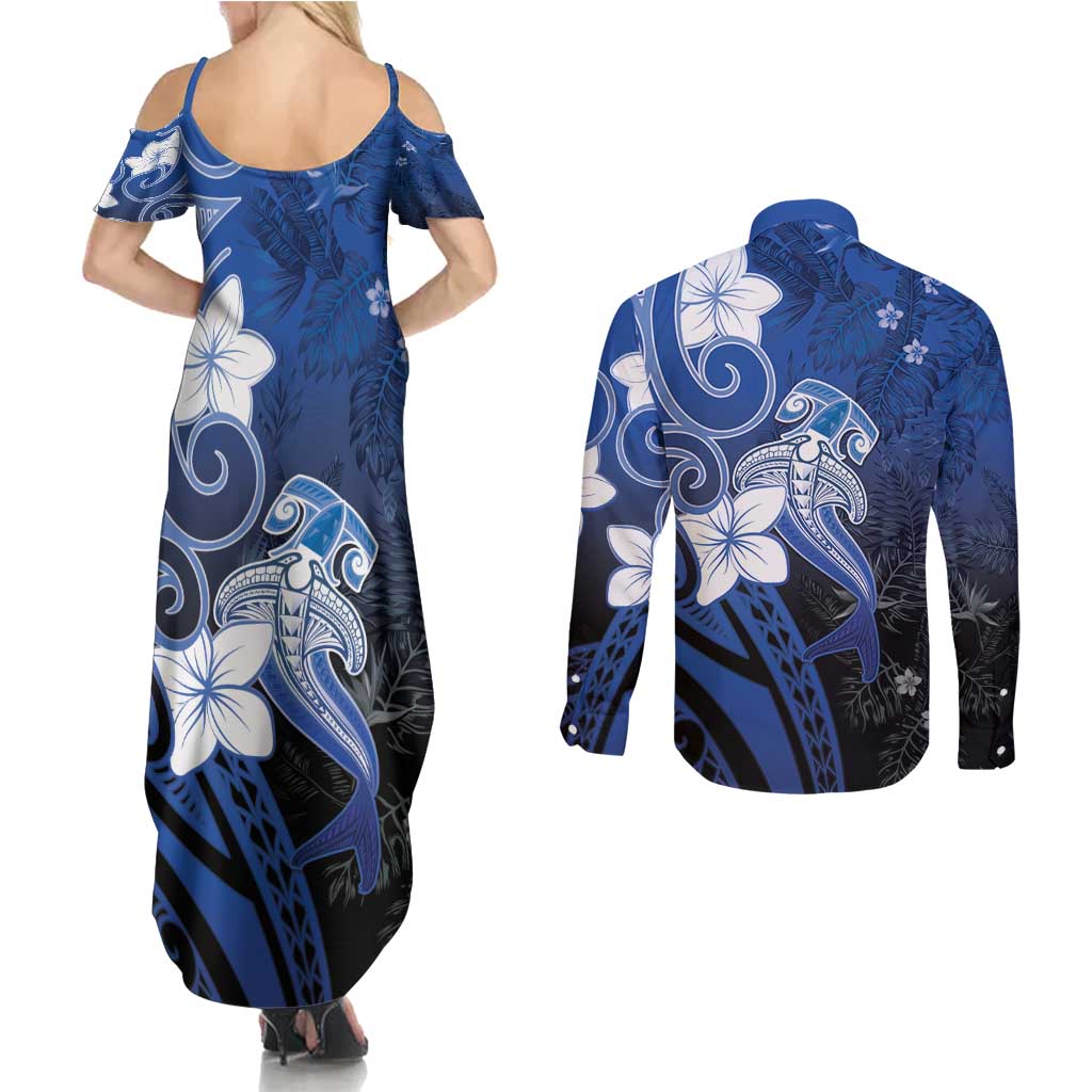 Polynesia Hammerhead Shark Couples Matching Summer Maxi Dress and Long Sleeve Button Shirt Blue Tribal Pattern With Plumeria LT05 - Polynesian Pride