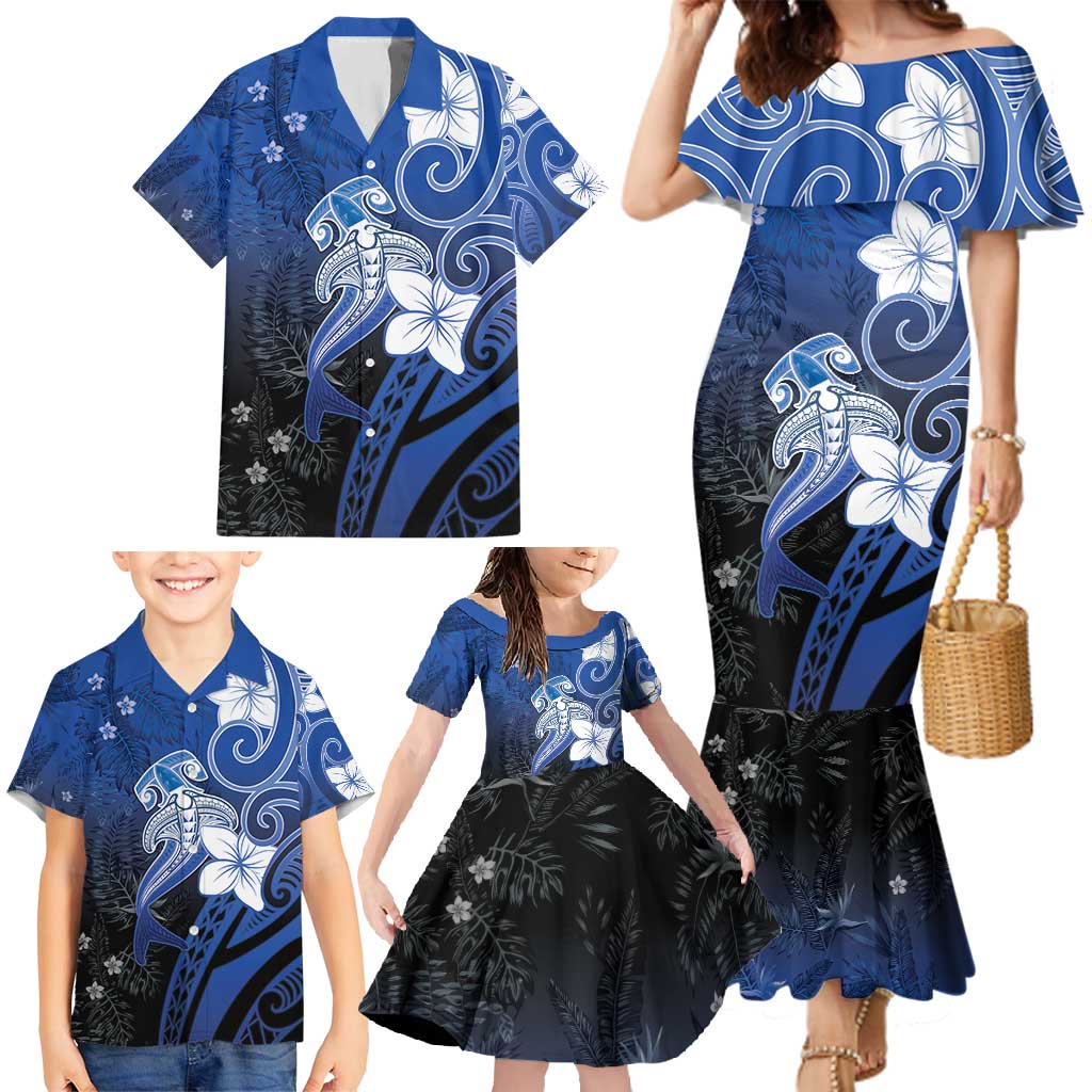 Polynesia Hammerhead Shark Family Matching Mermaid Dress and Hawaiian Shirt Blue Tribal Pattern With Plumeria - Polynesian Pride