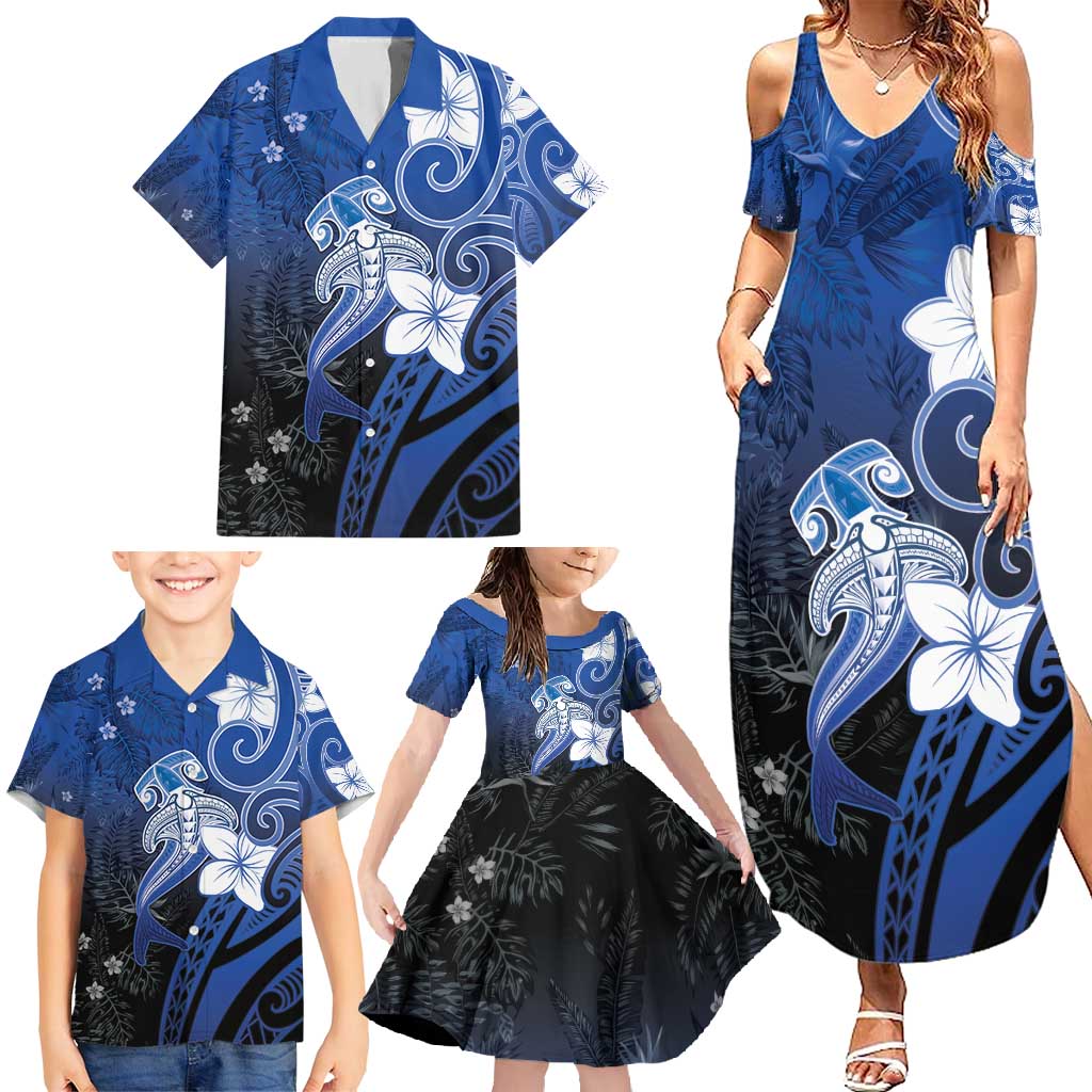 Polynesia Hammerhead Shark Family Matching Summer Maxi Dress and Hawaiian Shirt Blue Tribal Pattern With Plumeria LT05 - Polynesian Pride