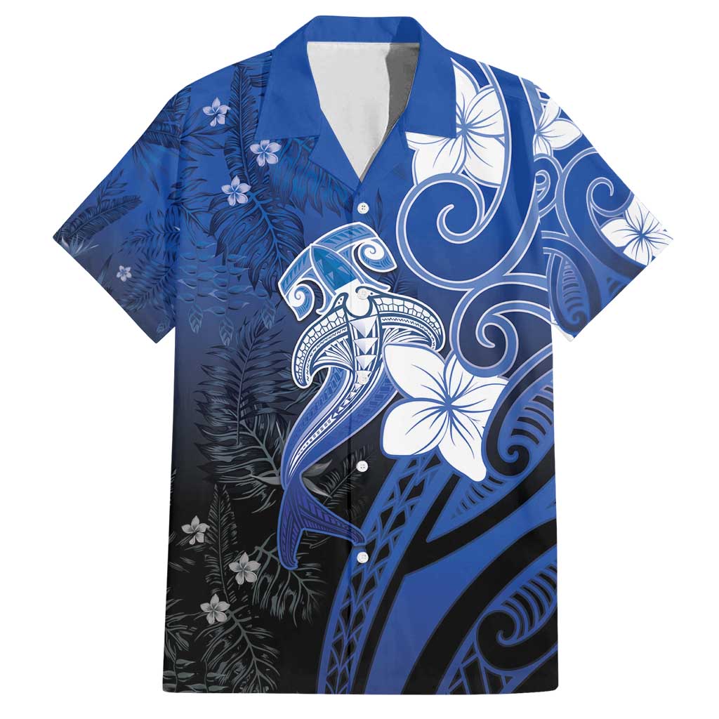 Polynesia Hammerhead Shark Family Matching Summer Maxi Dress and Hawaiian Shirt Blue Tribal Pattern With Plumeria LT05 Dad's Shirt - Short Sleeve Blue - Polynesian Pride