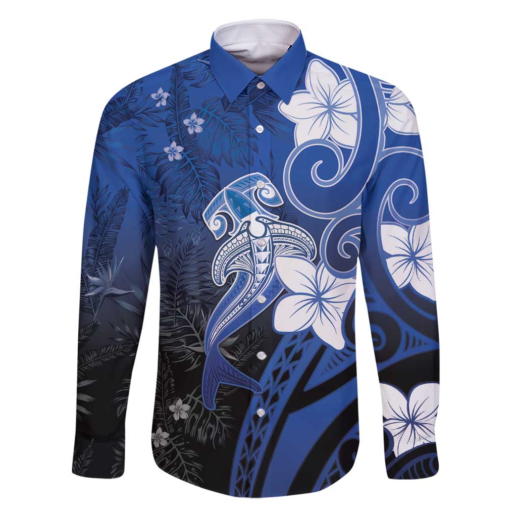 Polynesia Hammerhead Shark Family Matching Summer Maxi Dress and Hawaiian Shirt Blue Tribal Pattern With Plumeria LT05 Dad's Shirt - Long Sleeve Blue - Polynesian Pride