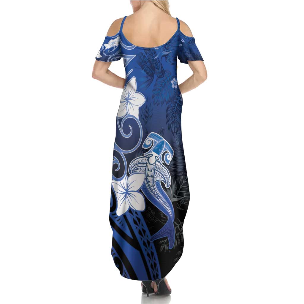 Polynesia Hammerhead Shark Family Matching Summer Maxi Dress and Hawaiian Shirt Blue Tribal Pattern With Plumeria LT05 - Polynesian Pride