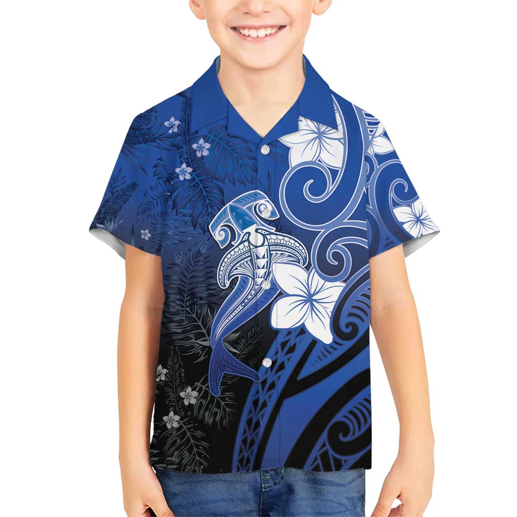 Polynesia Hammerhead Shark Family Matching Summer Maxi Dress and Hawaiian Shirt Blue Tribal Pattern With Plumeria LT05 Son's Shirt Blue - Polynesian Pride