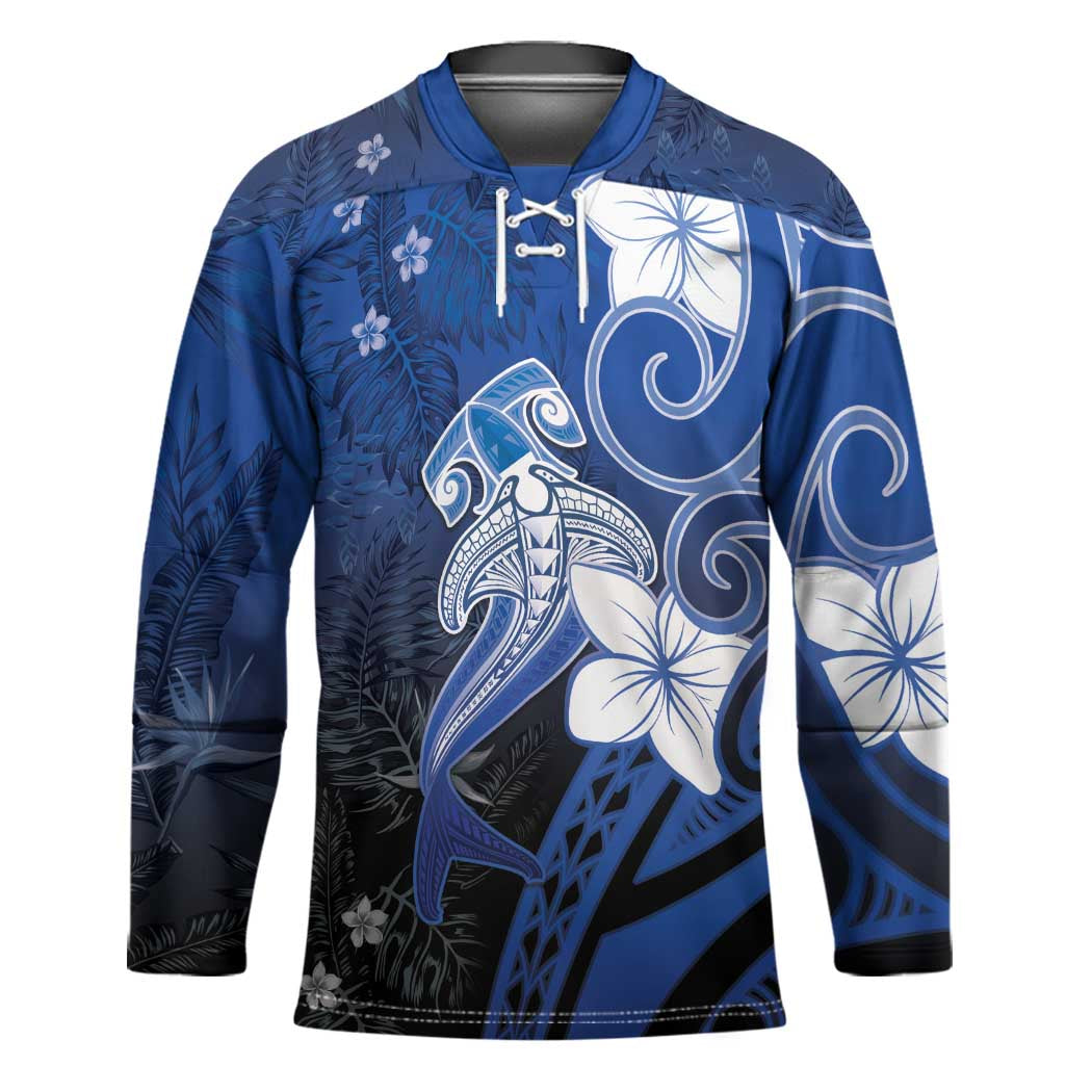 Polynesia Hammerhead Shark Hockey Jersey Blue Tribal Pattern With Plumeria - Polynesian Pride