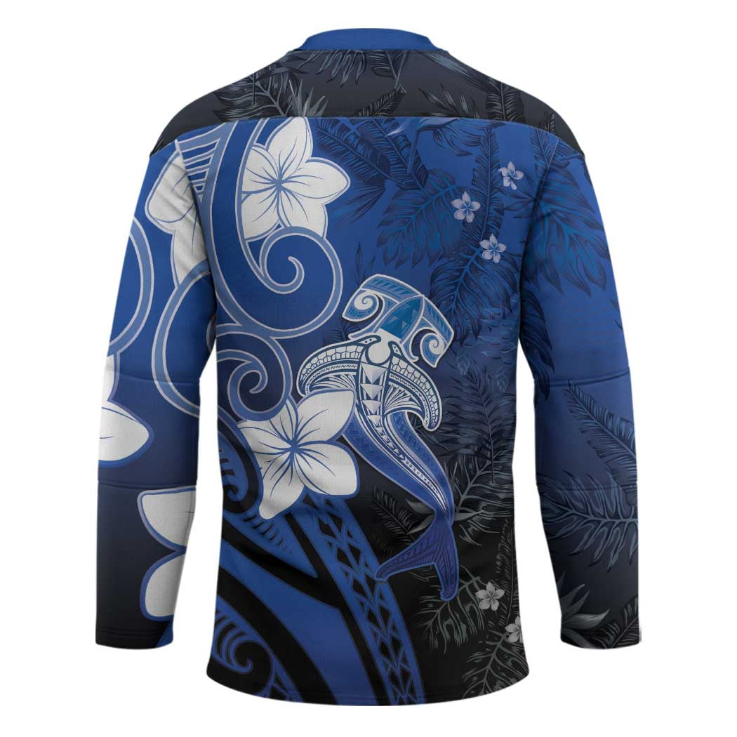 Polynesia Hammerhead Shark Hockey Jersey Blue Tribal Pattern With Plumeria - Polynesian Pride