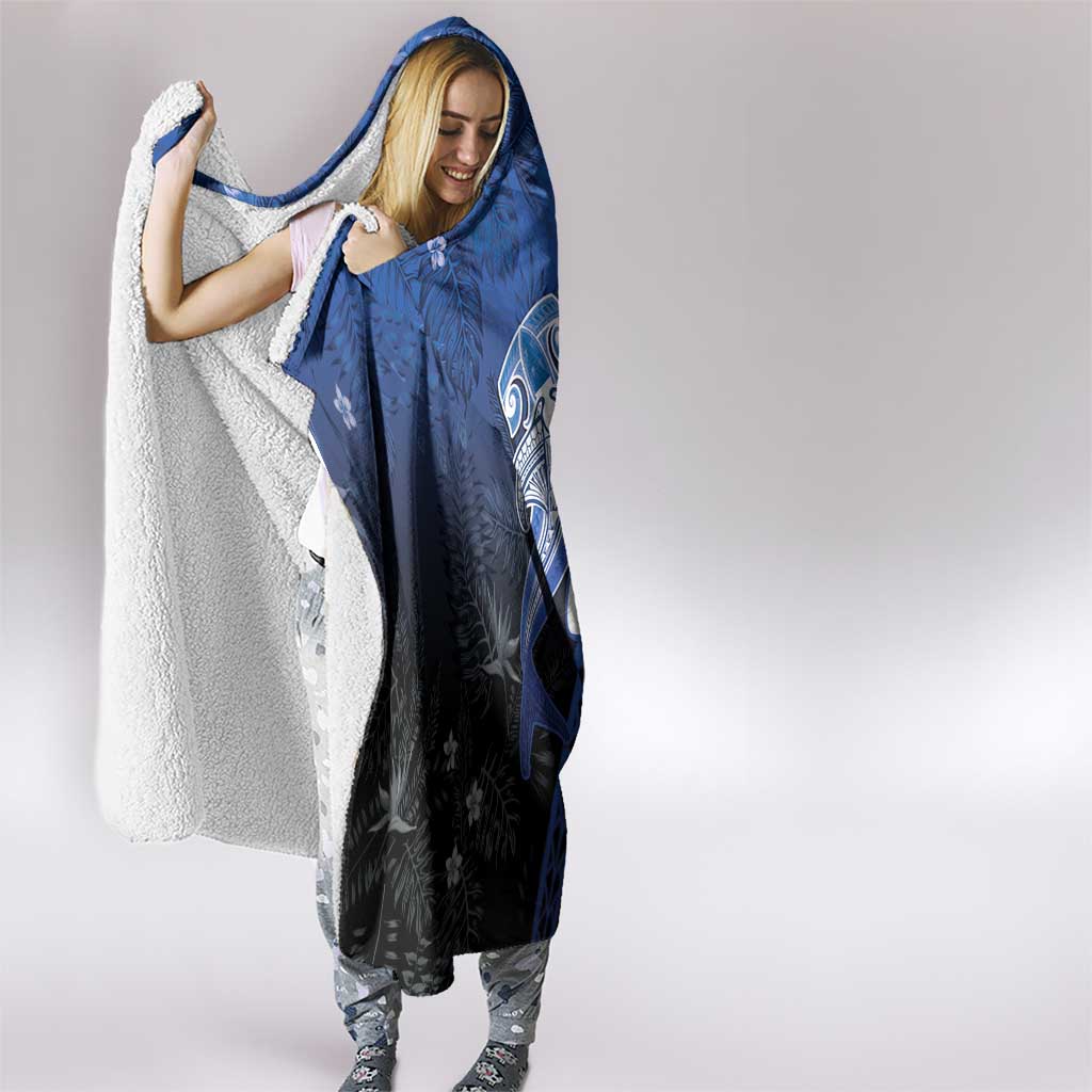 Polynesia Hammerhead Shark Hooded Blanket Blue Tribal Pattern With Plumeria - Polynesian Pride