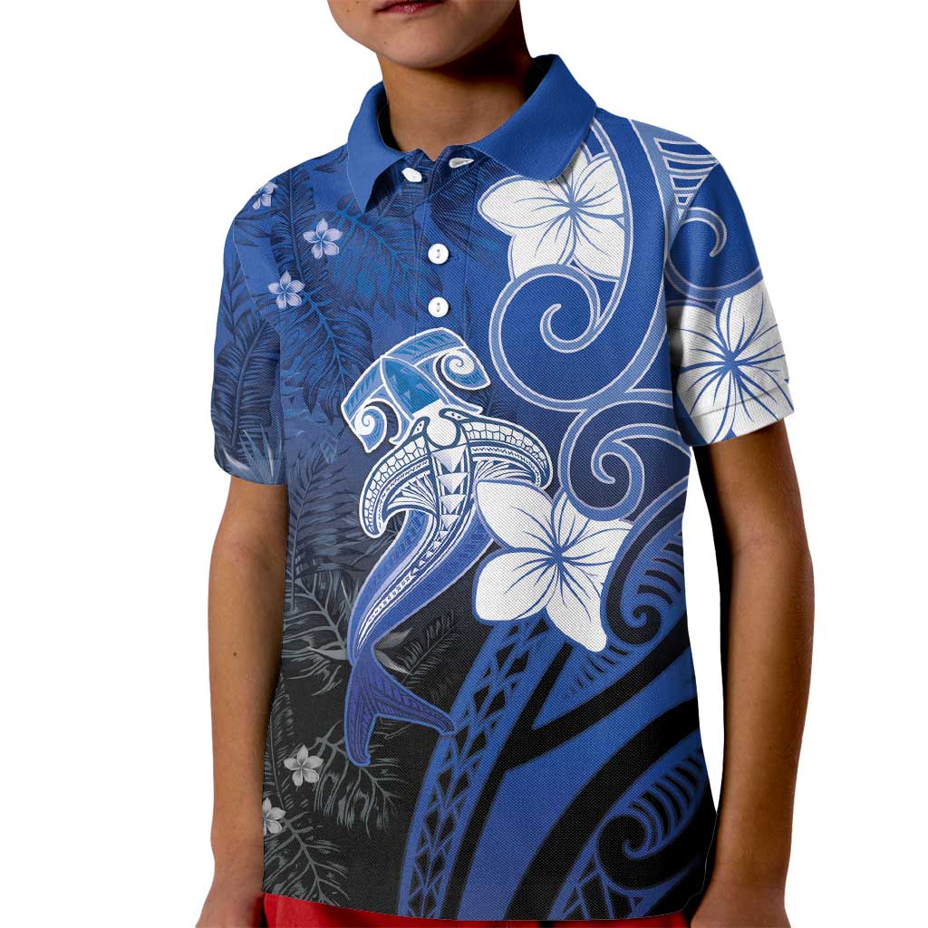 Polynesia Hammerhead Shark Kid Polo Shirt Blue Tribal Pattern With Plumeria - Polynesian Pride