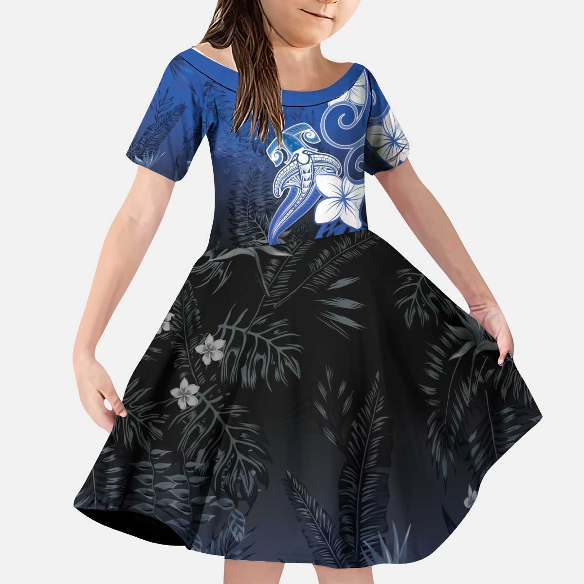 Polynesia Hammerhead Shark Kid Short Sleeve Dress Blue Tribal Pattern With Plumeria LT05 KID Blue - Polynesian Pride